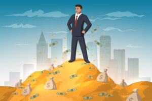 Rich businessman with gold and money mountain on city background