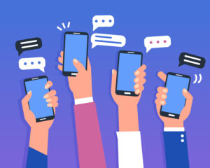 smartphones group cha text Hands holding smartphones. Social media chat concept. Flat style vector illustration.